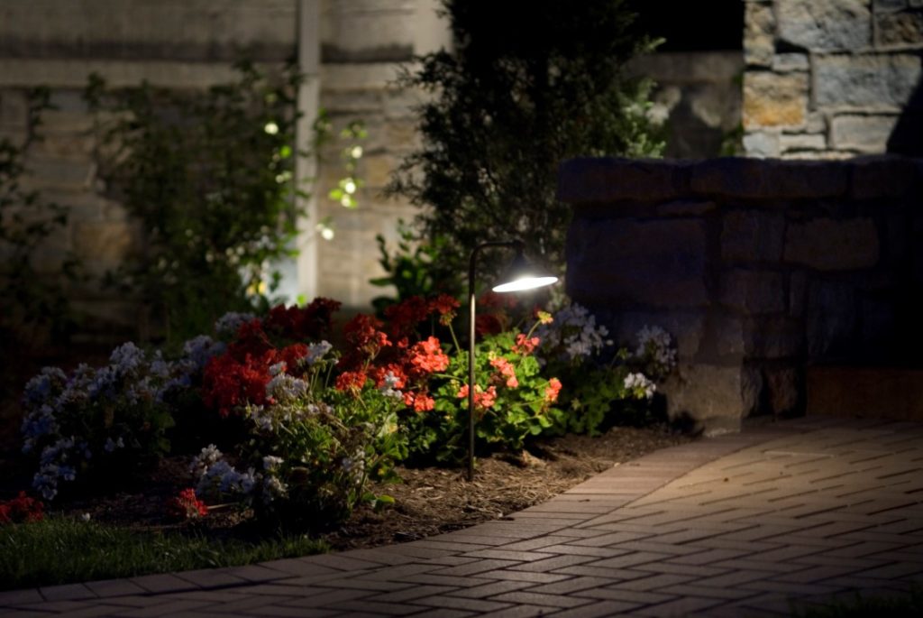 Beautiful Mulched Garden with Down Lights to help prevent light pollution.