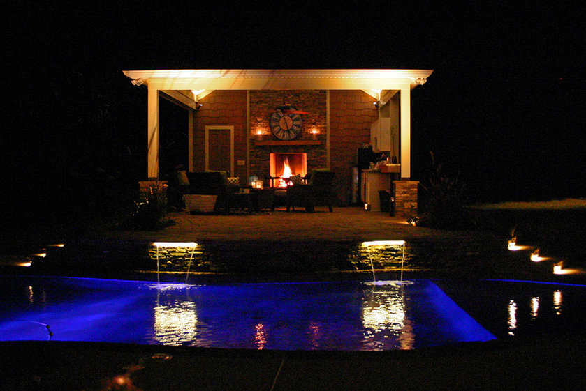 Outdoor living space landcape lighting ideas outdoor fireplace