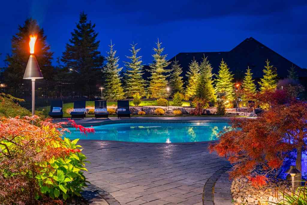 Water feature and tree landscape lighting