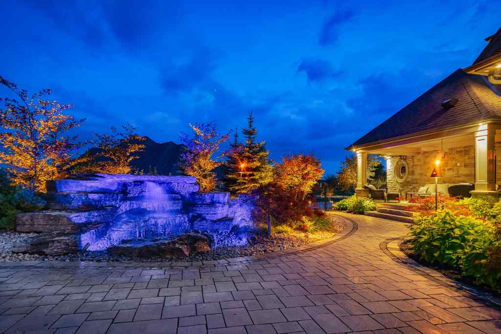 Water feature landscape lighting using colours