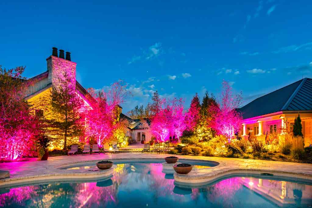 Coloured landscape lighting backyard pool